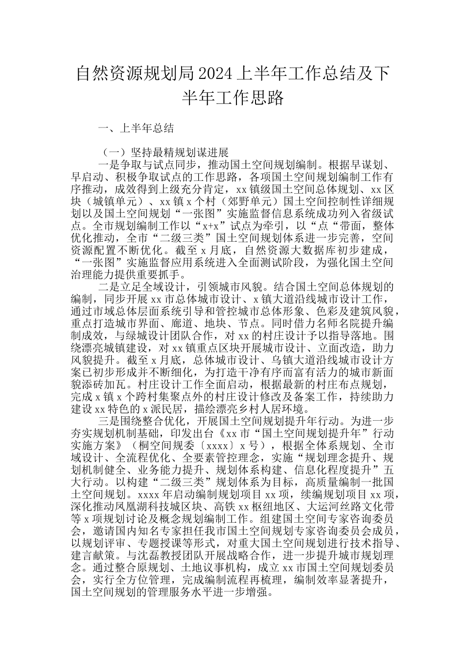 自然资源规划局2024上半年工作总结及下半年工作思路_第1页