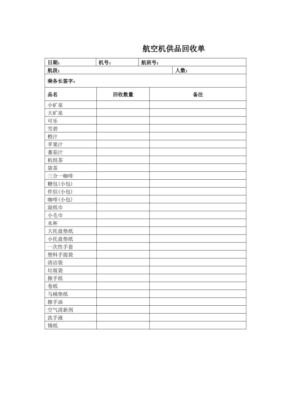 航空物流公司机供品回收单_第1页