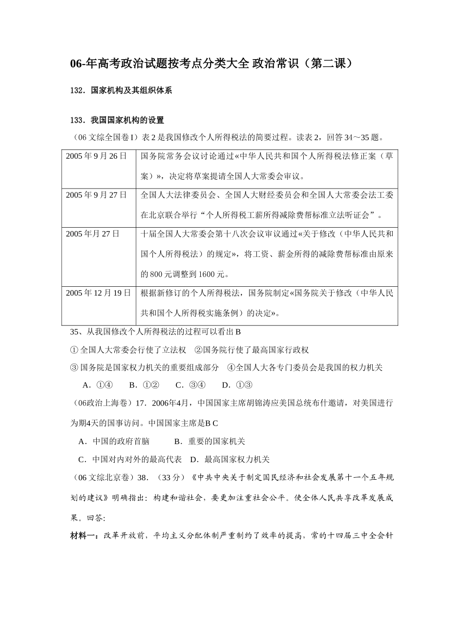 高考政治试题按考点分类大全 政治常识（第二课）国家机构及其组织体系_第1页