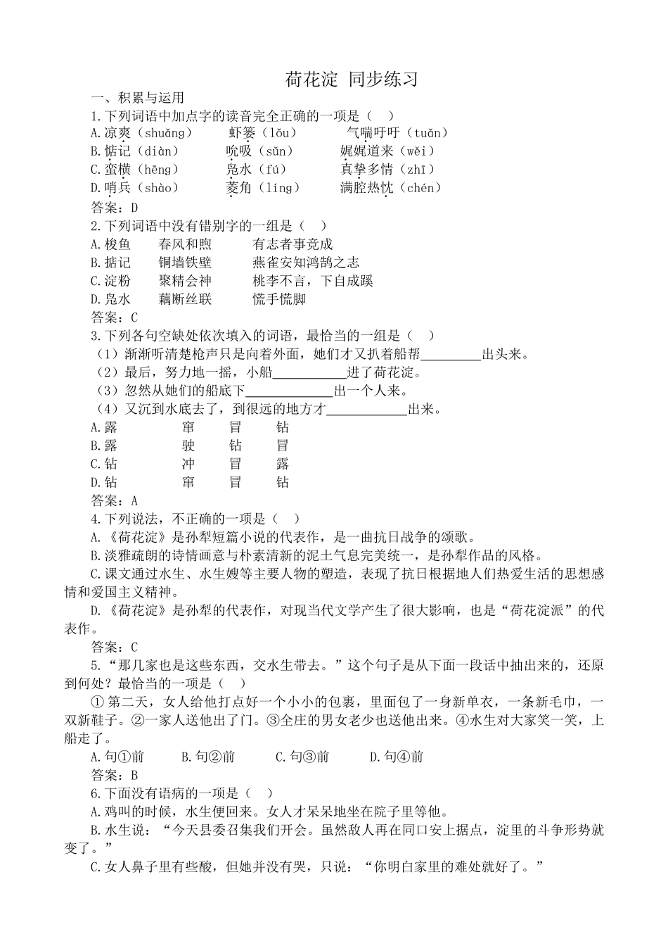 高中语文荷花淀 同步练习积累与运用_第1页