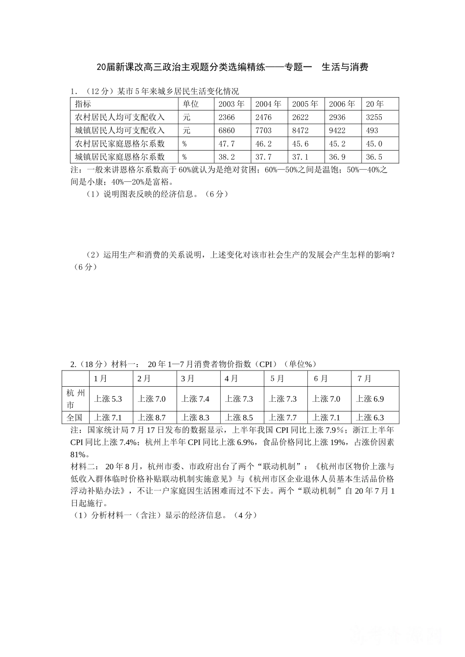 届新课改高三政治主观题分类选编精练专题一 生活与消费_第1页