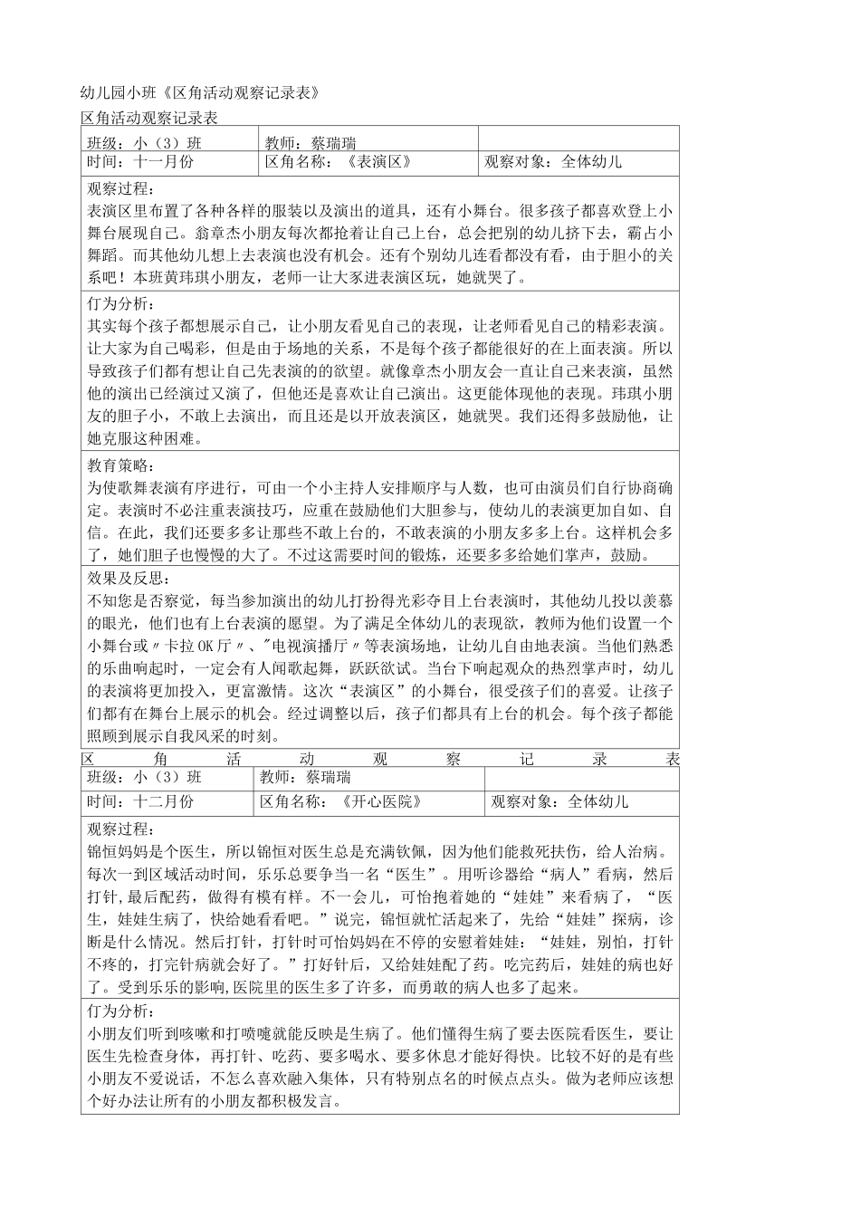 幼儿园小班区域区角观察记录样例_第1页