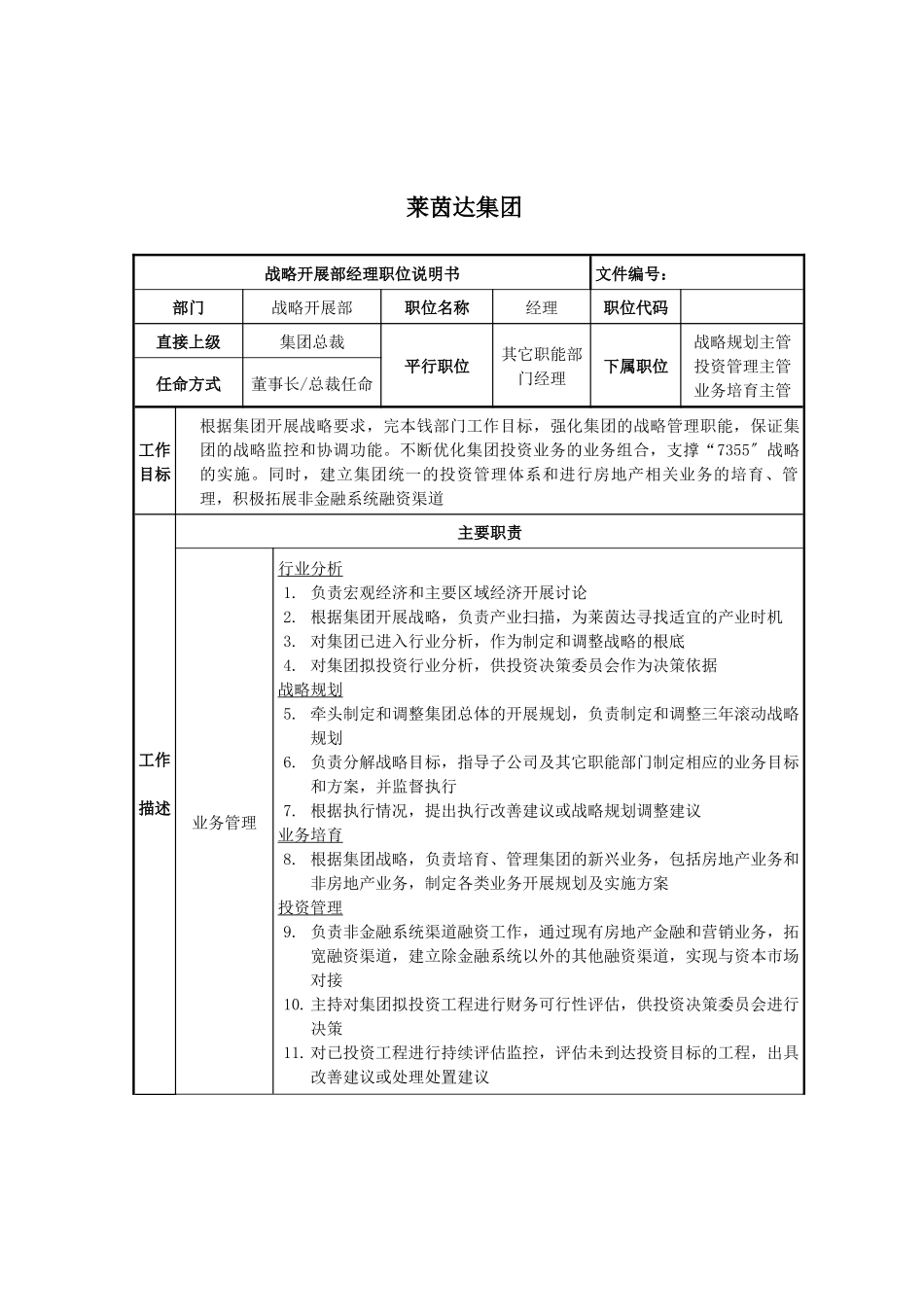 莱茵达公司战略发展部经理职位说明书_第1页