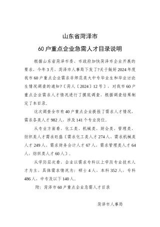 菏泽市60户重点企业急需人才目录说明