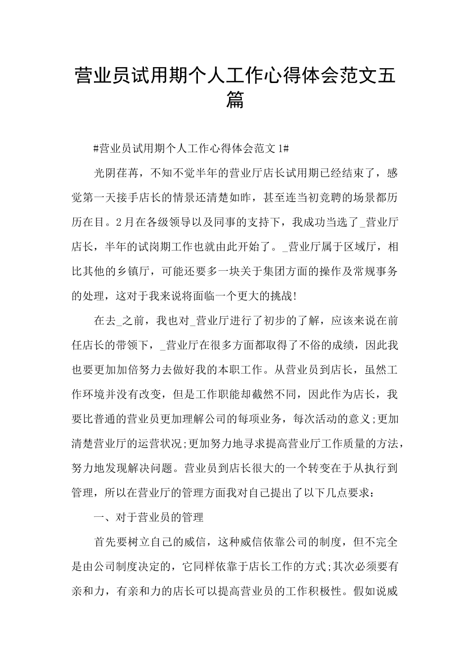营业员试用期个人工作心得体会范文五篇_第1页