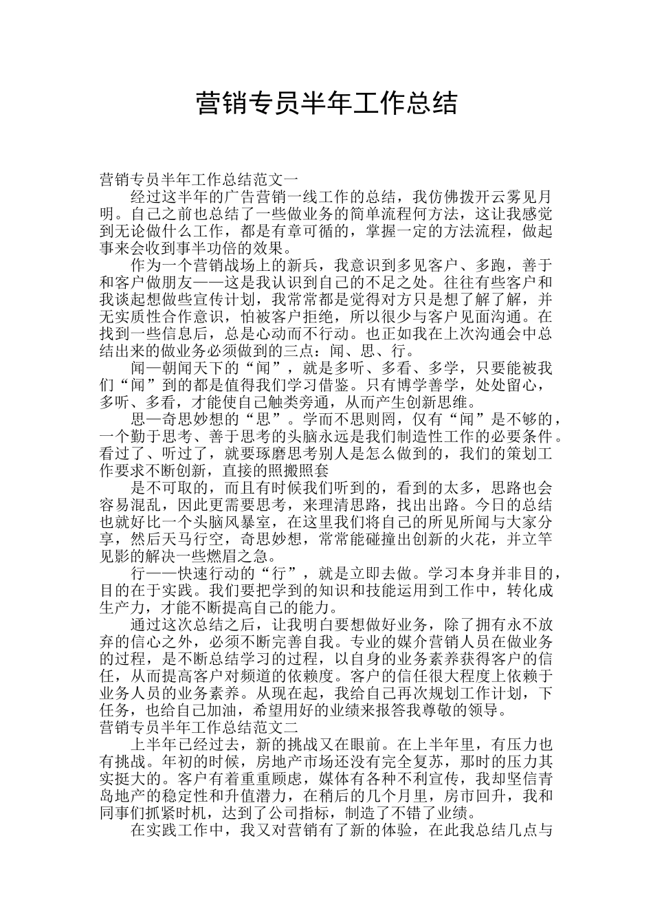 营销专员半年工作总结_第1页