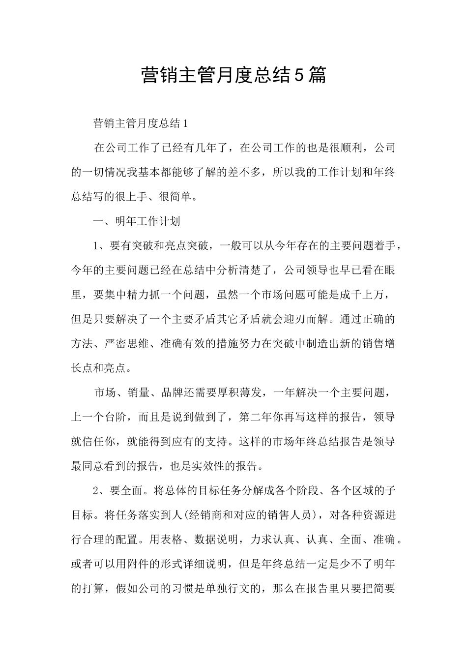 营销主管月度总结5篇_第1页