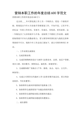 营销本职工作的年度总结600字范文