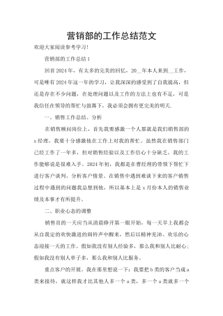 营销部的工作总结范文