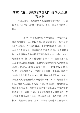 落实“五大发展行动计划”推进大会发言材料