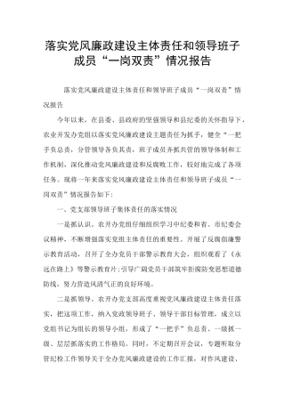 落实党风廉政建设主体责任和领导班子成员“一岗双责”情况报告