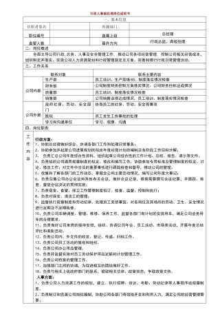 行政人事经理岗位说明书