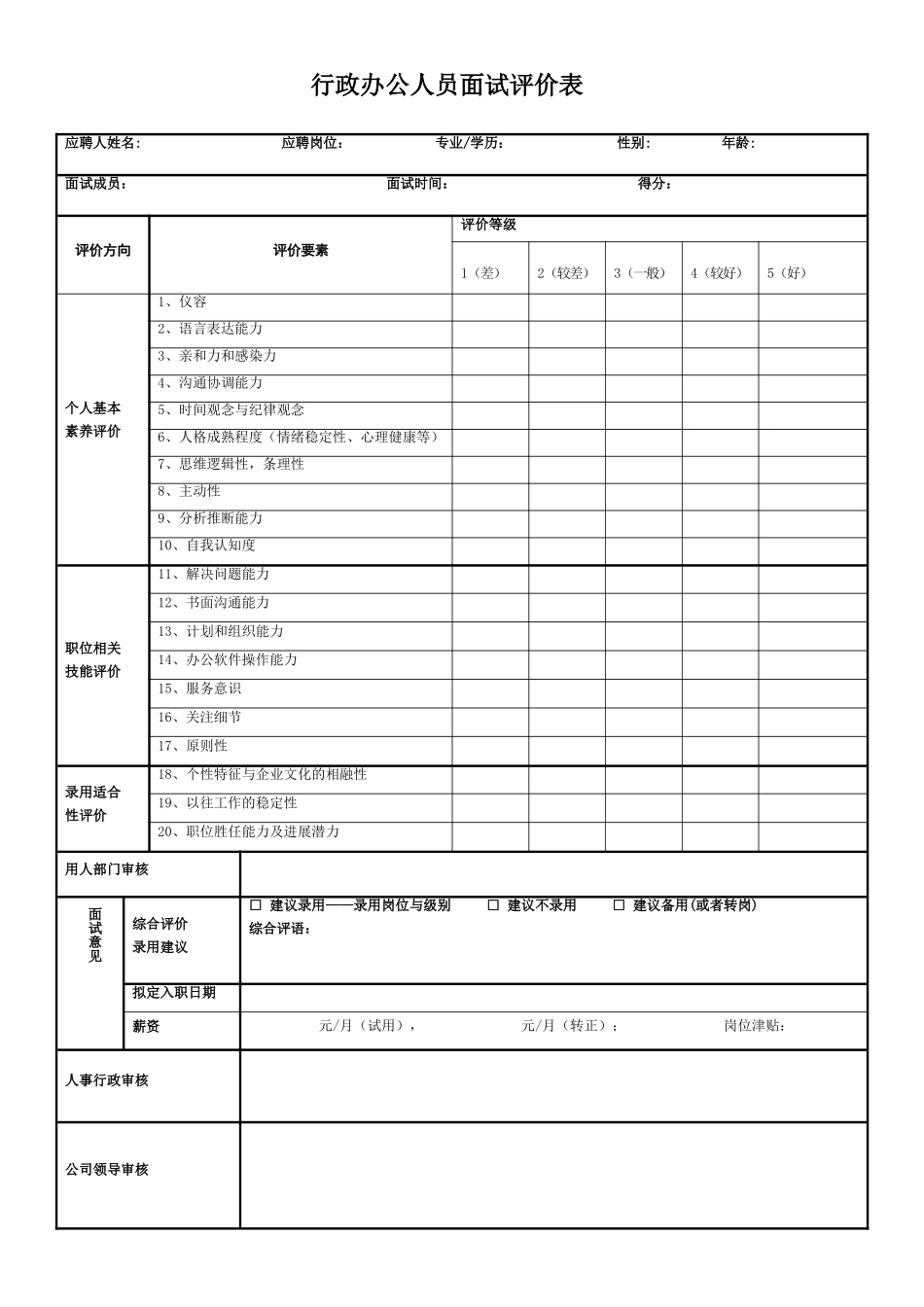 行政办公职员面试评价表_第1页