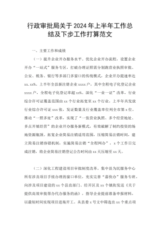 行政审批局关于2024年上半年工作总结及下步工作打算范文