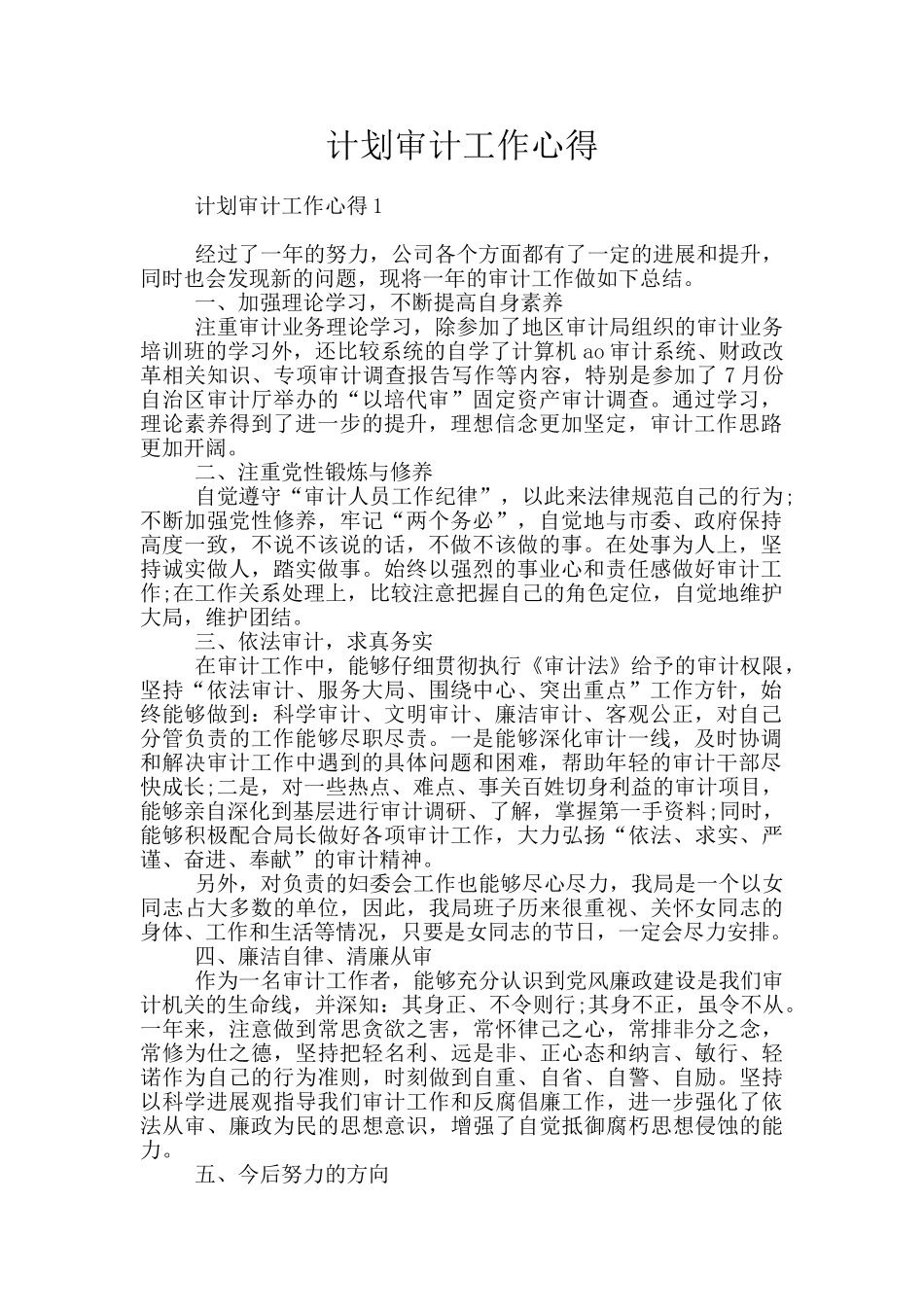 计划审计工作心得_第1页