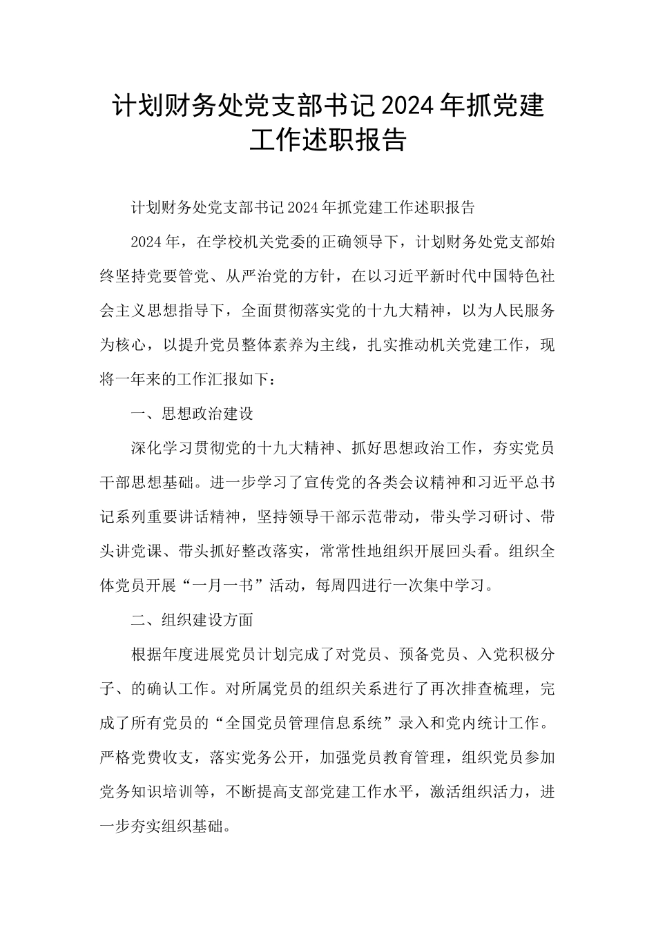 计划财务处党支部书记2024年抓党建工作述职报告_第1页