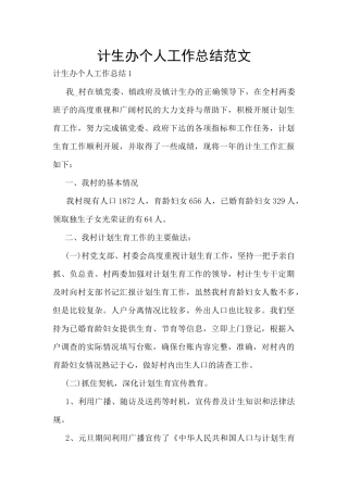 计生办个人工作总结范文