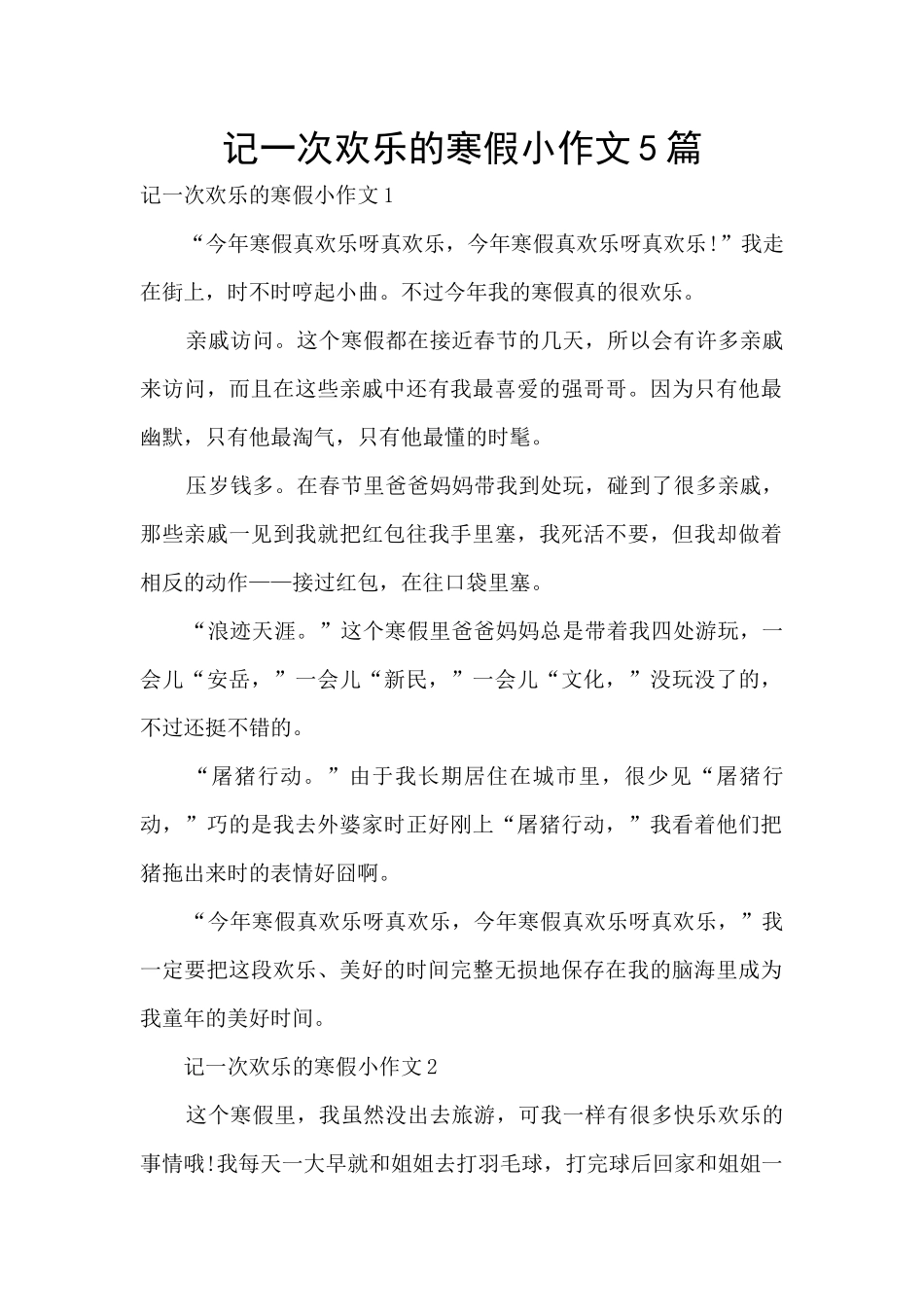 记一次快乐的寒假小作文5篇_第1页