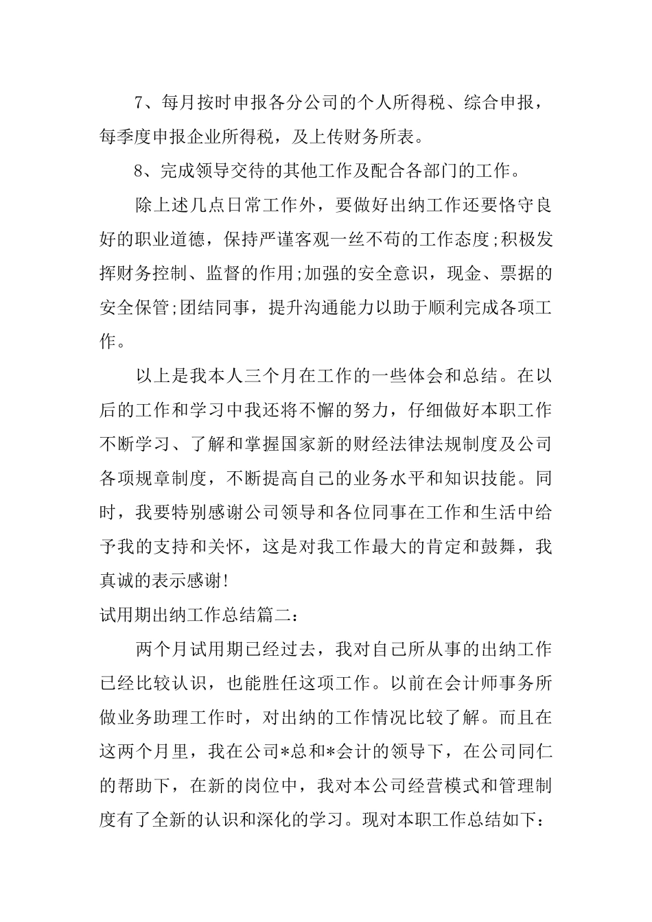 试用期出纳工作总结3篇_第2页
