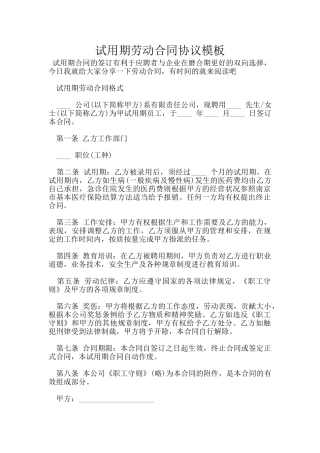 试用期劳动合同协议模板