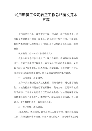试用期员工公司转正工作总结范文范本五篇