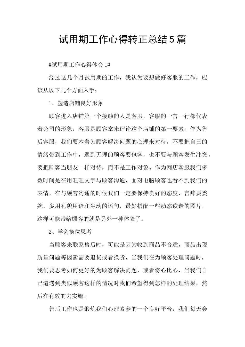 试用期工作心得转正总结5篇_第1页