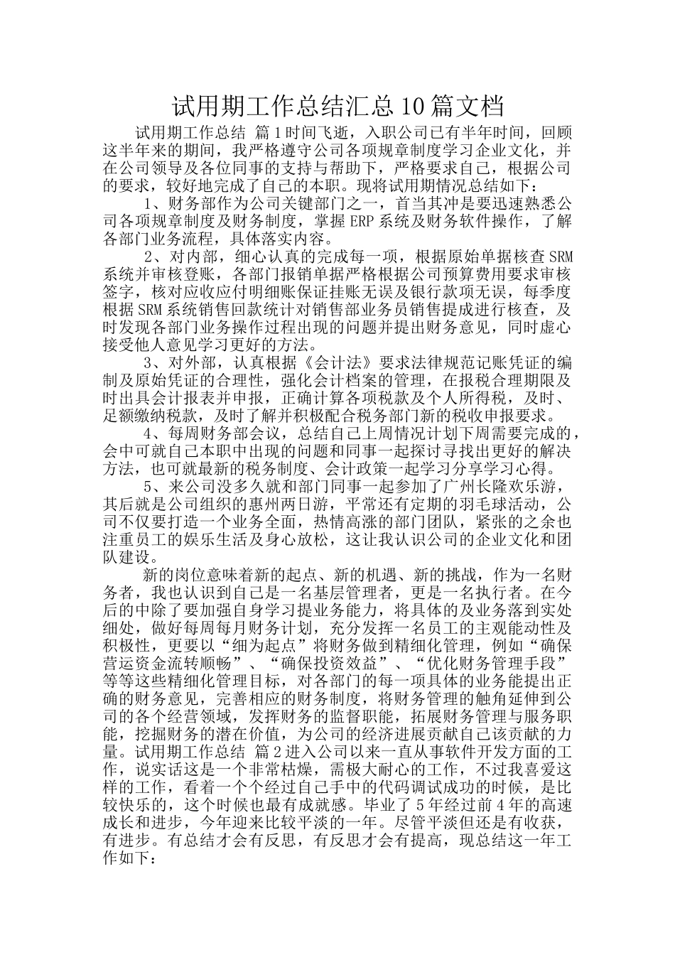 试用期工作总结汇总10篇文档_第1页