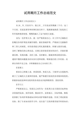 试用期月工作总结范文
