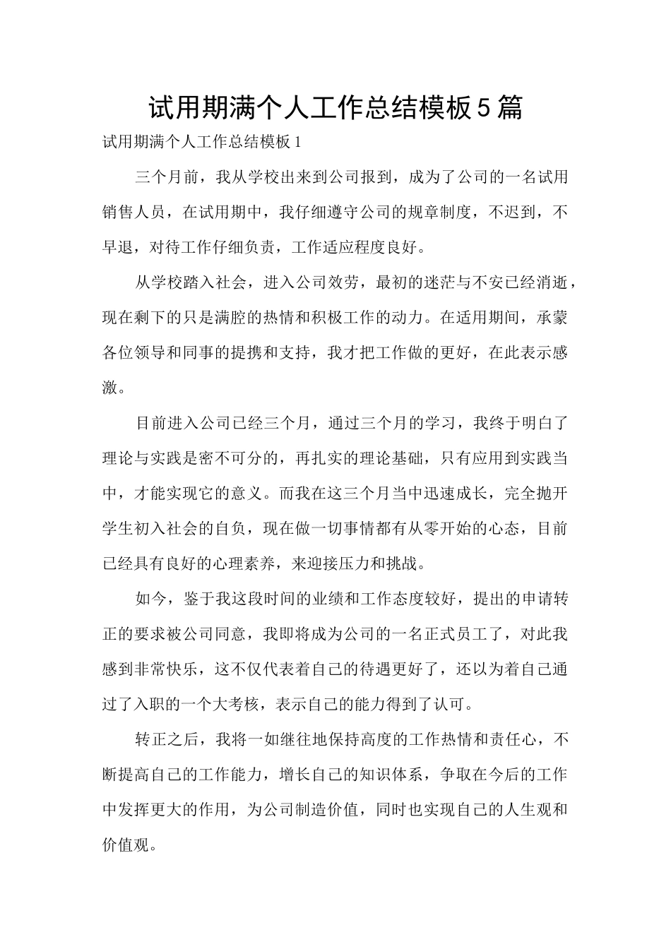 试用期满个人工作总结模板5篇_第1页