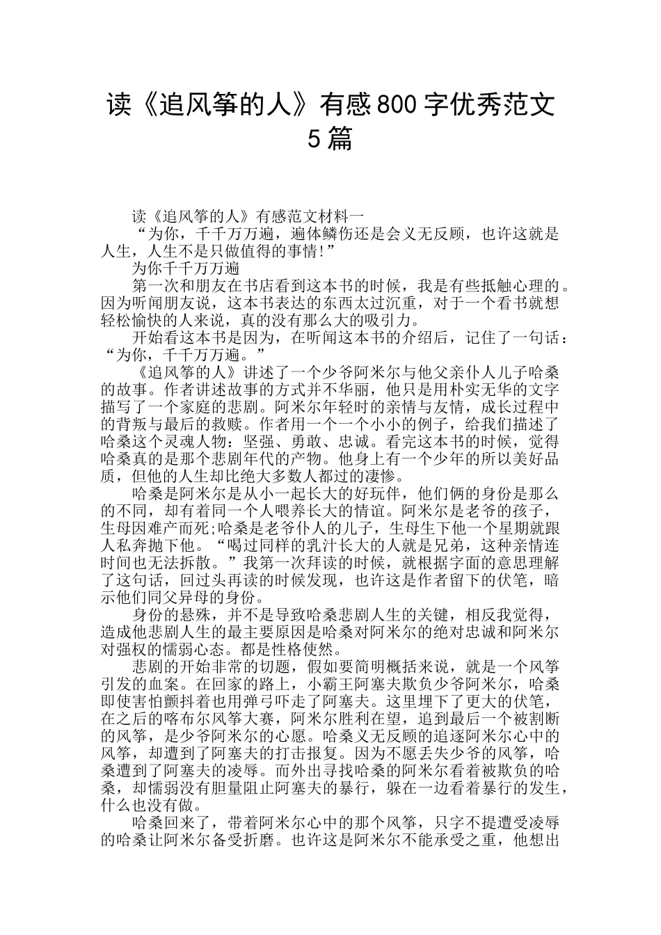 读《追风筝的人》有感800字优秀范文5篇_第1页