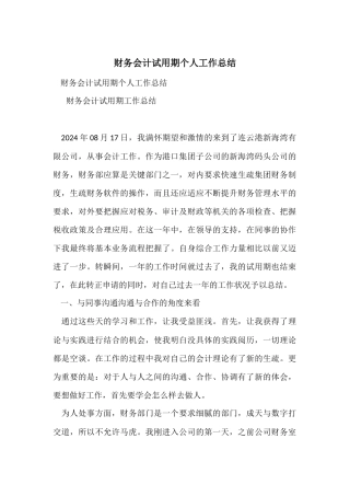 财务会计试用期个人工作总结
