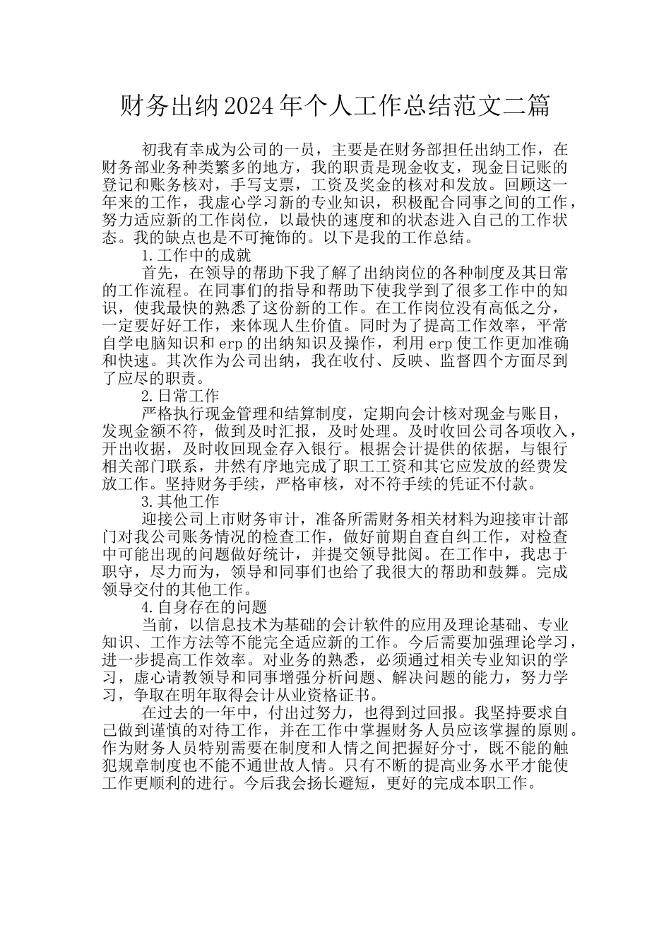 财务出纳2024年个人工作总结范文二篇_第1页