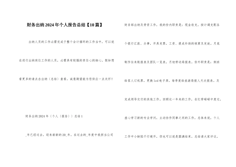 财务出纳2024年个人报告总结_第1页