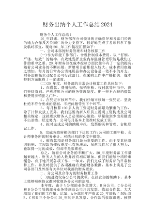 财务出纳个人工作总结2024