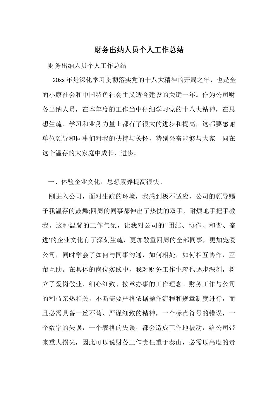 财务出纳人员个人工作总结_第1页