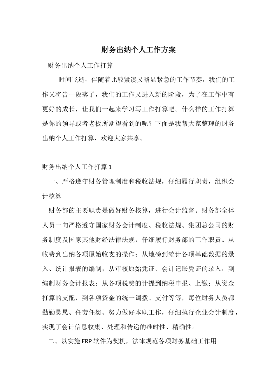财务出纳个人工作计划_第1页