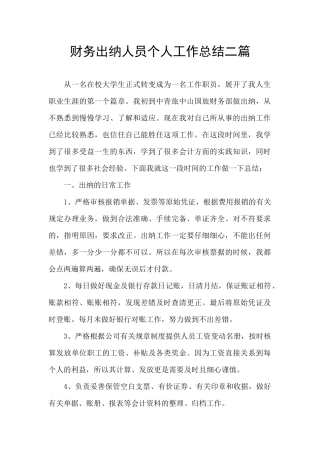 财务出纳人员个人工作总结二篇