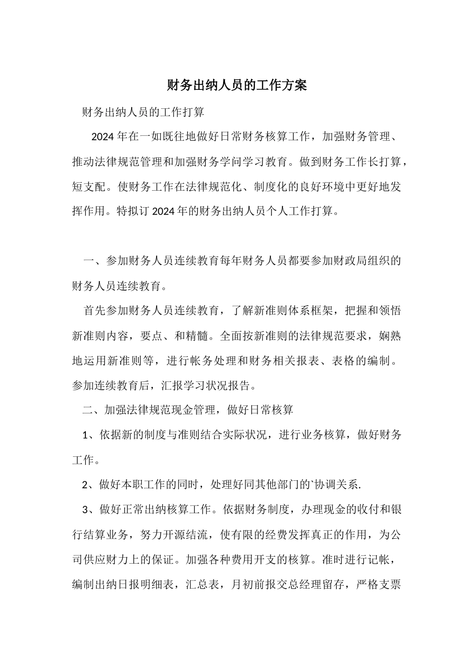 财务出纳人员的工作计划_第1页