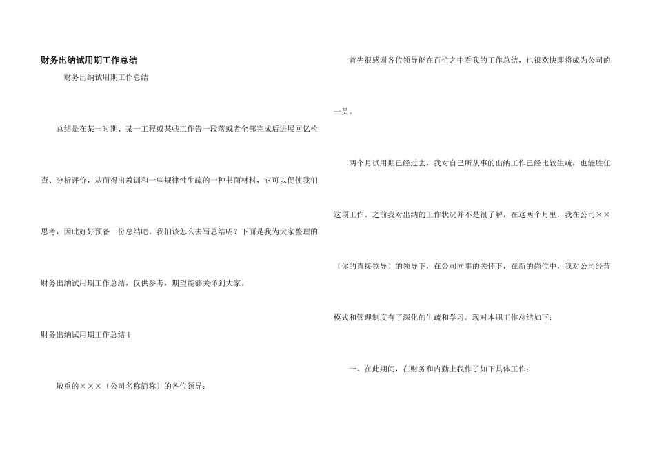 财务出纳试用期工作总结_第1页