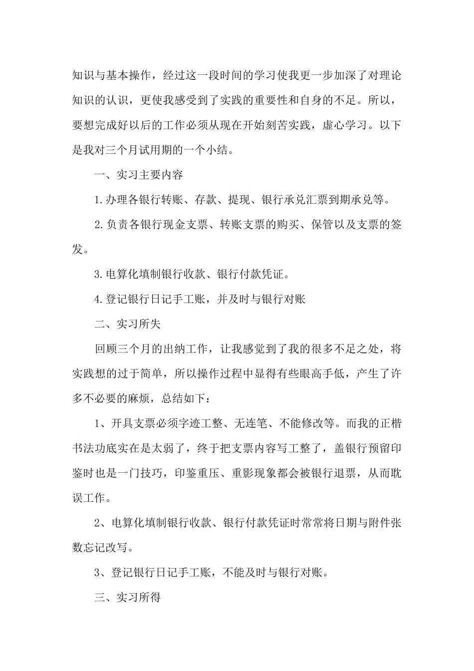 财务出纳试用期工作总结范文_第3页