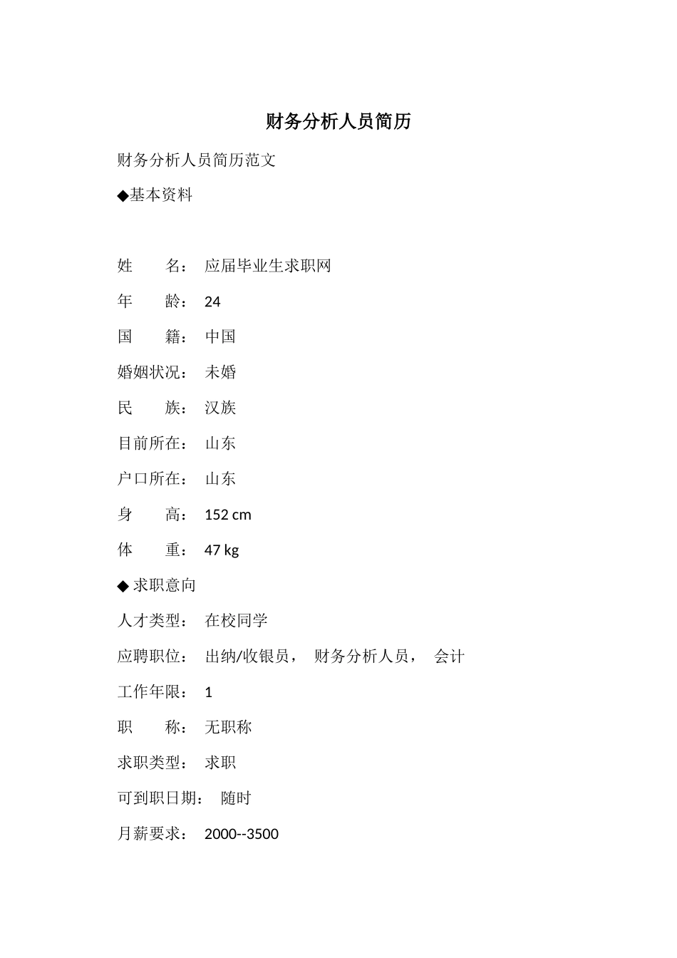 财务分析人员简历_第1页