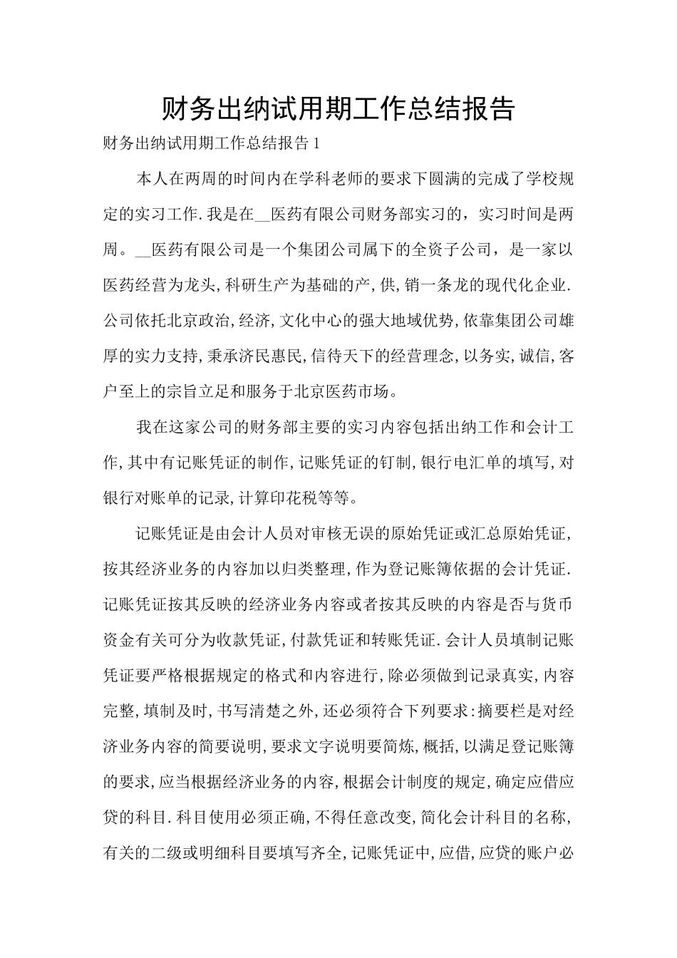 财务出纳试用期工作总结报告_第1页