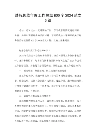 财务总监年度工作总结800字2024范文5篇