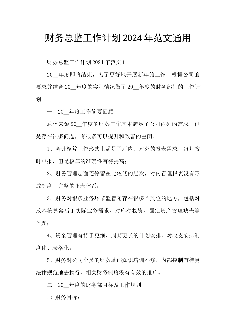 财务总监工作计划2024年范文通用_第1页