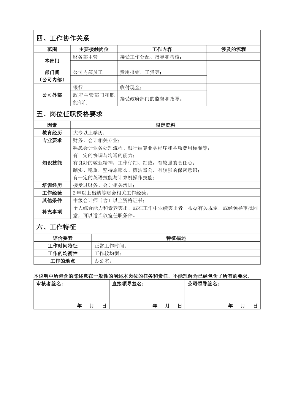财务部出纳员岗位说明书_第2页