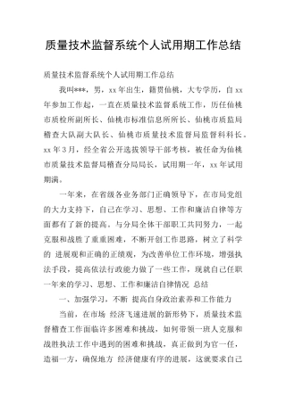 质量技术监督系统个人试用期工作总结