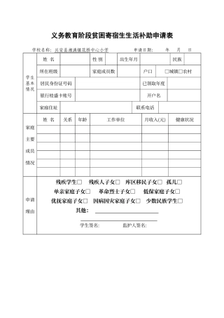 贫困寄宿生生活补助申请表