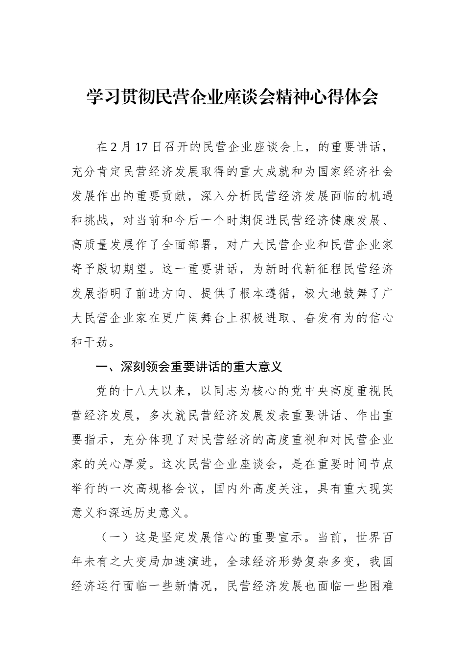 学习贯彻民营企业座谈会精神心得体会_第1页