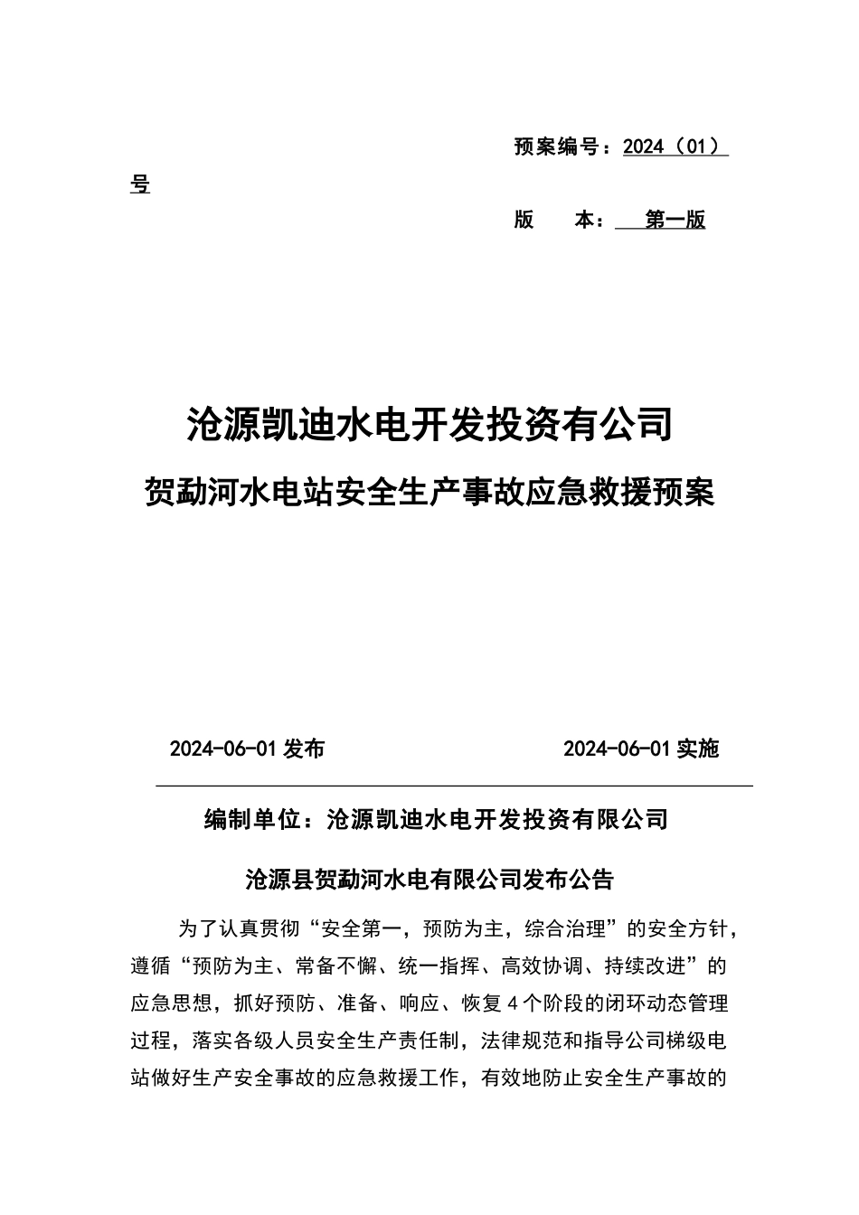 贺勐河水电站生产安全事故应急救援预案_第1页