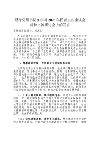 银行党组书记在学习2025年民营企业座谈会精神交流研讨会上的发言